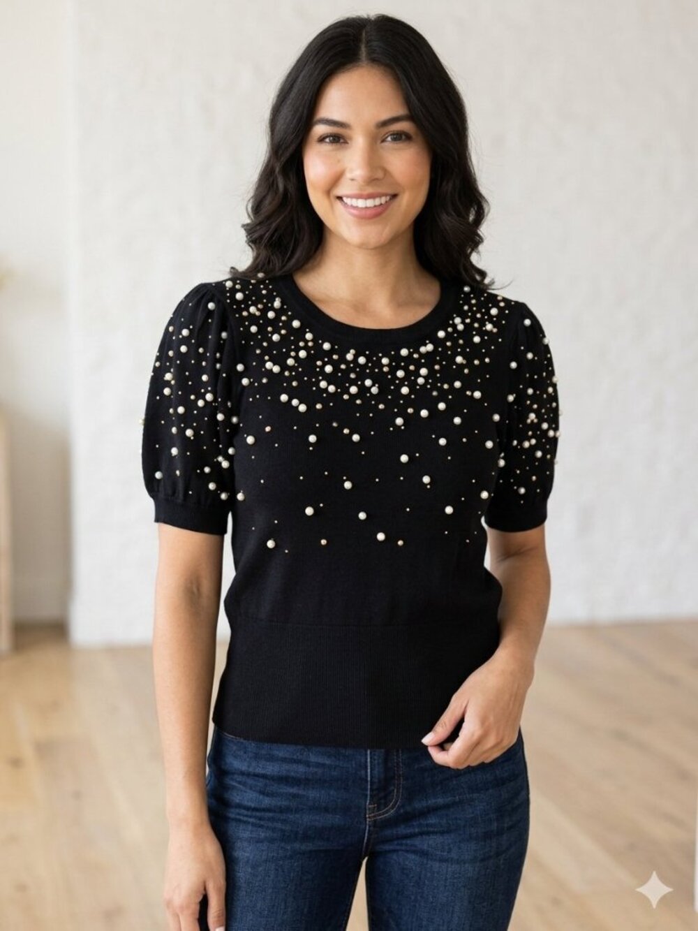 Adrianna Papell Pearl Embellished Puff Short Sleeve Sweater L
